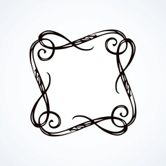 Old cute romantic book ribbon bow swirly tag swoosh element isolated on white paper card backdrop. Freehand black ink pen outline drawn curly corner sketchy in artistic rustic curlicue scrawl style