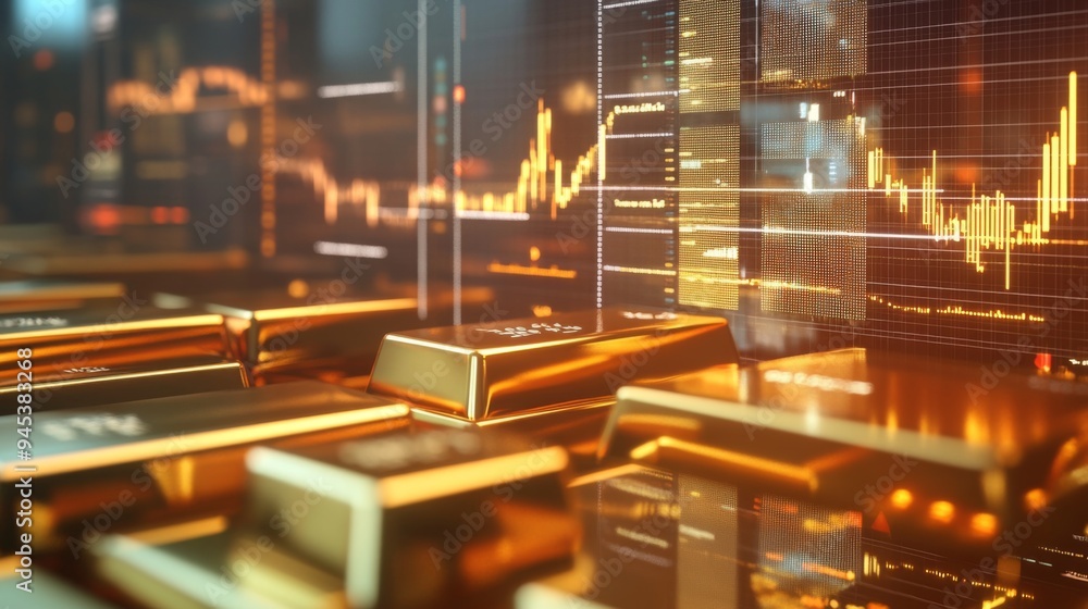 Poster A close-up of gold bars stacked next to a transparent screen with animated graphs and charts, showing real-time fluctuations in gold prices.
