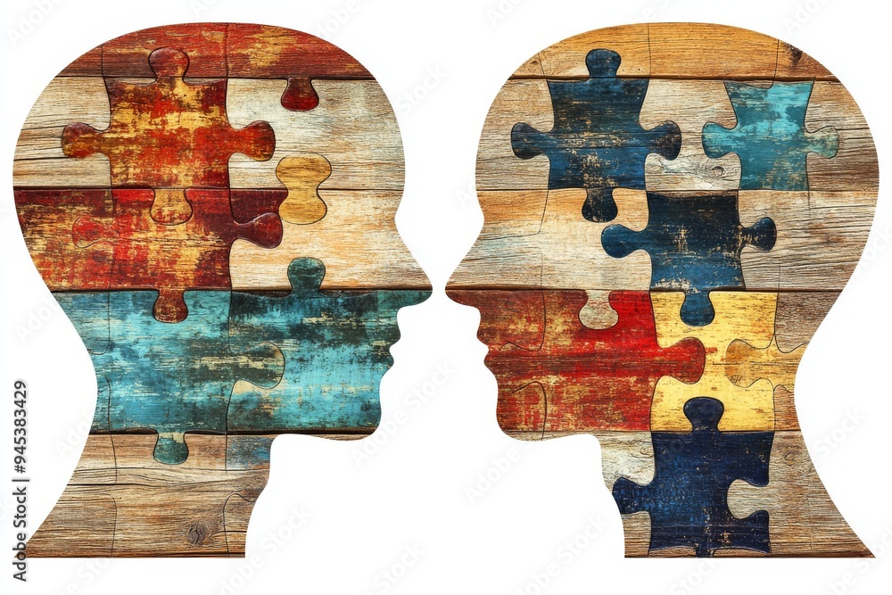 Aufkleber two wooden puzzle piece heads facing each other on a colorful background symbolize the diversity of 