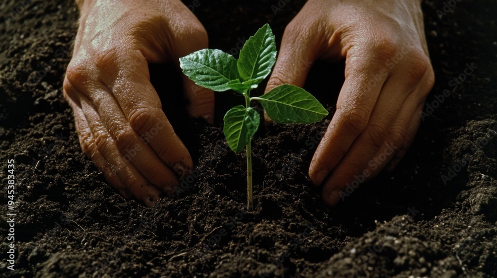 Poster a close-up of hands planting a young sapling in rich, dark soil, with the focus on the soil texture 