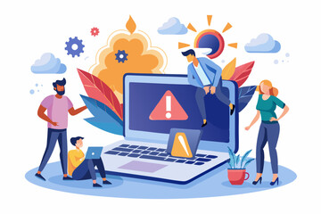 Computer outage, error or failure causing by software update mistake, operating system crash or cyber attack, server down or technical issue concept, people victims looking at computer laptop outage. 