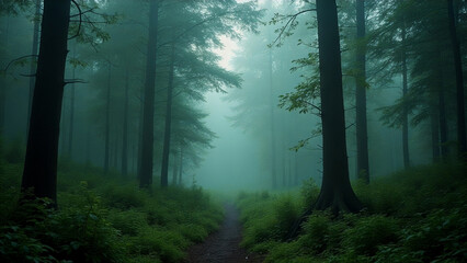 Obraz premium A forest path is shown in the rain, with trees on either side