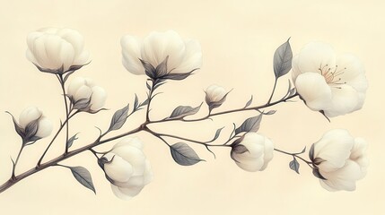 delicate handdrawn cotton branch wispy fibers and fluffy bolls rendered in fine ink lines botanical illustration style on cream paper background