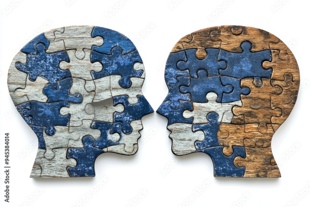 Poster two puzzle piece heads facing each other in a rustic setting symbolize the intellectual connection a