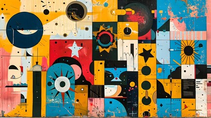 Abstract Geometric Mural with Stars, Circles and Sun.
