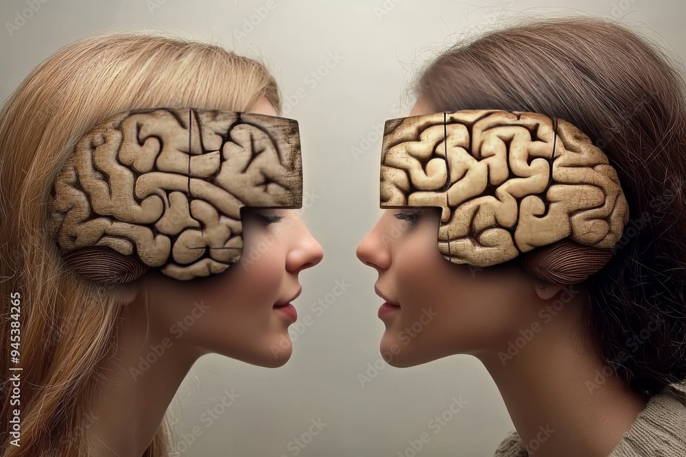 Poster two women with brain helmets face each other symbolizing the intellectual challenge and the exchange
