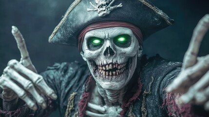 A spooky pirate skeleton with glowing green eyes, wearing a tattered hat, perfect for Halloween themes or eerie decor.