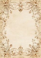 
A vintage poster template features a coffee-colored background with an old paper texture, framed by a prominent border adorned with intricate flowers and leaves.