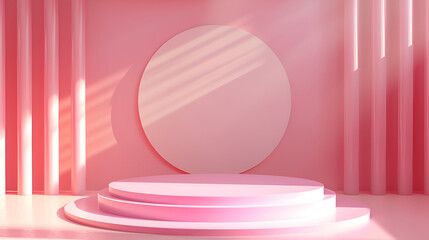 Soft pink podium display with golden lighting, perfect for beauty products, skincare, and feminine-themed presentations in a modern and elegant setting