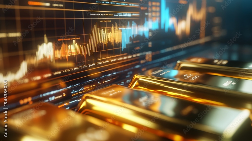 Poster A close-up of gold bars stacked next to a transparent screen with animated graphs and charts, showing real-time fluctuations in gold prices.
