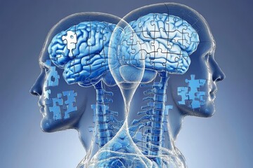 Two transparent heads with glowing brain connections symbolize the clear exchange of ideas and the transparency of intellectual discourse in a futuristic setting