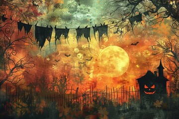A whimsical illustration of Halloween night with jack-o'-lanterns hanging from tree branches and ghostly figures holding hands, capturing the playful spirit of the holiday.