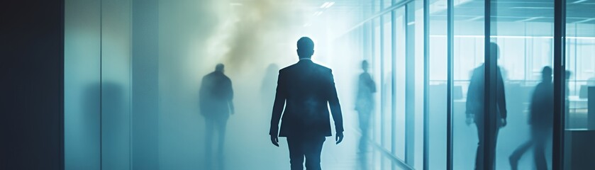 Fototapeta premium A silhouette of a man walking through a misty office environment with blurred figures.