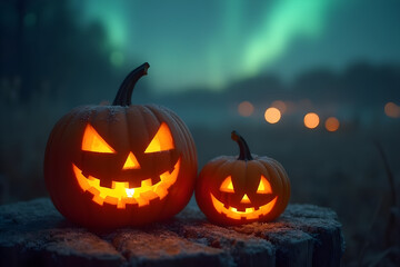 Halloween pumpkins with a blurred background of the aurora borealis