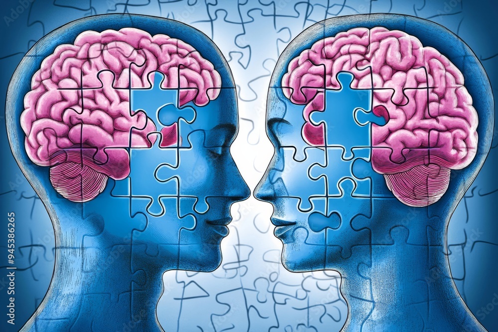 Aufkleber two human heads with puzzle piece brains connected by a digital network symbolize the integration of