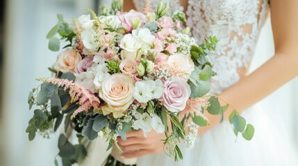 Beautiful bridal bouquet featuring roses and greenery at a wedding venue during daylight