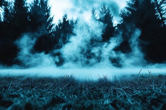 A captivating mist envelops a serene forest, creating an ethereal and mysterious atmosphere with deep blue tones.