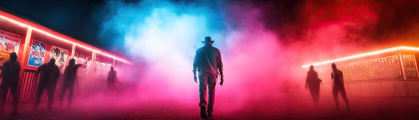 An enigmatic figure walks through vibrant smoke, illuminated by colorful lights, creating a mysterious and atmospheric scene.
