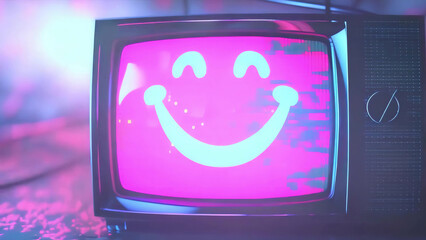 Fototapeta premium Smiley face displayed on a retro television screen, evoking nostalgia and vintage vibes in a playful and cheerful design new stock image illustration AI