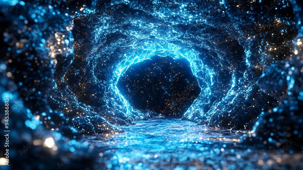 Poster a mesmerizing blue cavern with shimmering lights and reflections, creating a stunning visual experie