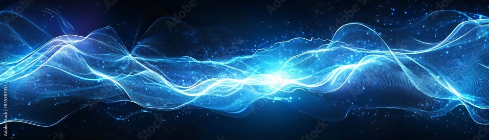 Poster a mesmerizing wave of blue light swirls across the dark background, creating a captivating and dynam