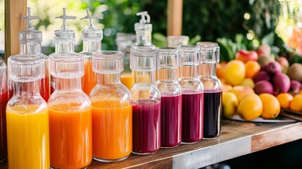 A colorful fruit juice bar setup with various juices like beet, carrot, and apple, displayed in clear bottles and glasses, with fresh fruits in the background.