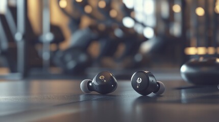 A close-up of wireless earbuds being used in a gym setting, with a focus on the sleek design and the ease of wireless audio streaming.