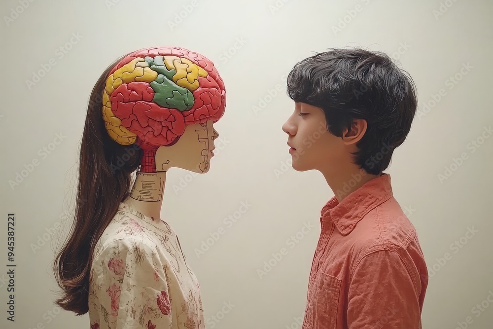 Poster a woman and a man face each other with brain helmets in a minimalist setting symbolizing the intelle