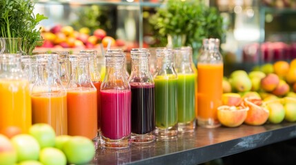 A colorful fruit juice bar setup with various juices like beet, carrot, and apple, displayed in clear bottles and glasses, with fresh fruits in the background.
