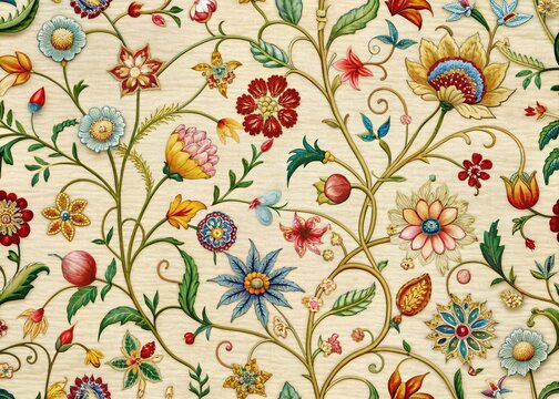 Intricate, colorful floral patterns and delicate scrolling vines embellish a vintage-inspired, ivory-hued fabric, showcasing exquisite embroidered craftsmanship and attention to detail.