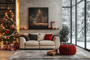 A tranquil Christmas living room featuring a tall Christmas tree, a cozy fireplace, and large windows offering a snowy view outside.