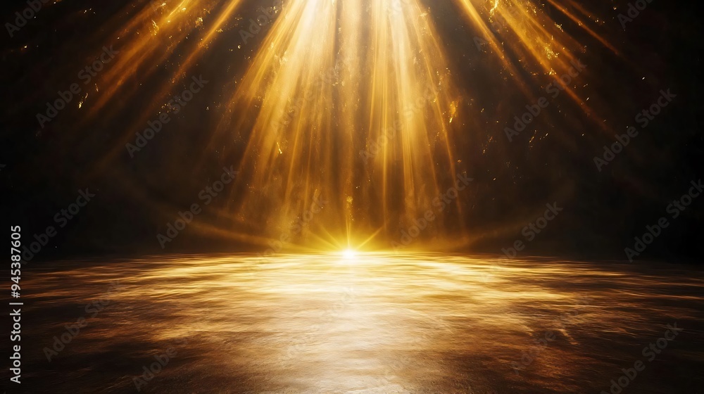 Poster a stunning display of golden light beams illuminating a dark space, creating a warm and ethereal atm