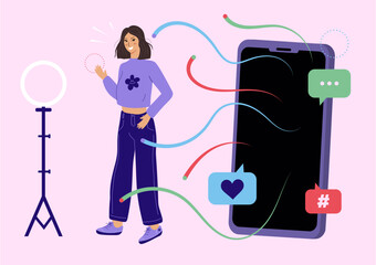 Jeune femme devant un pied à selfie avec le telephone en fond. Illustration vectorielle sur le thème de la generation Z.