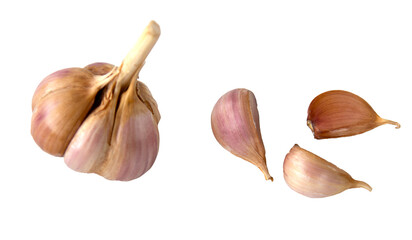 Garlic isolated on a white background. Whole and disassembled