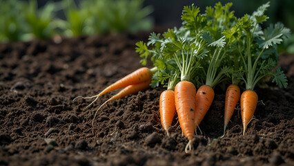 Carrot plant growing in garden soil, organic agriculture harvesting fresh vegetables for healthy nutrition
