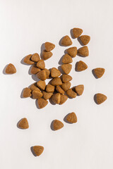 food for dogs and cats in the form of small triangles scattered on a white background