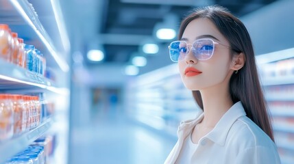 Young Woman Shopping at Supermarket with Blue Sunglasses