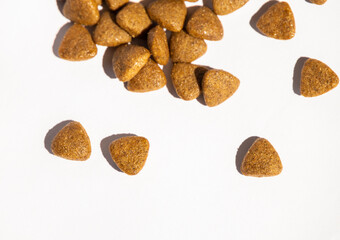 food for dogs and cats in the form of small triangles scattered on a white background