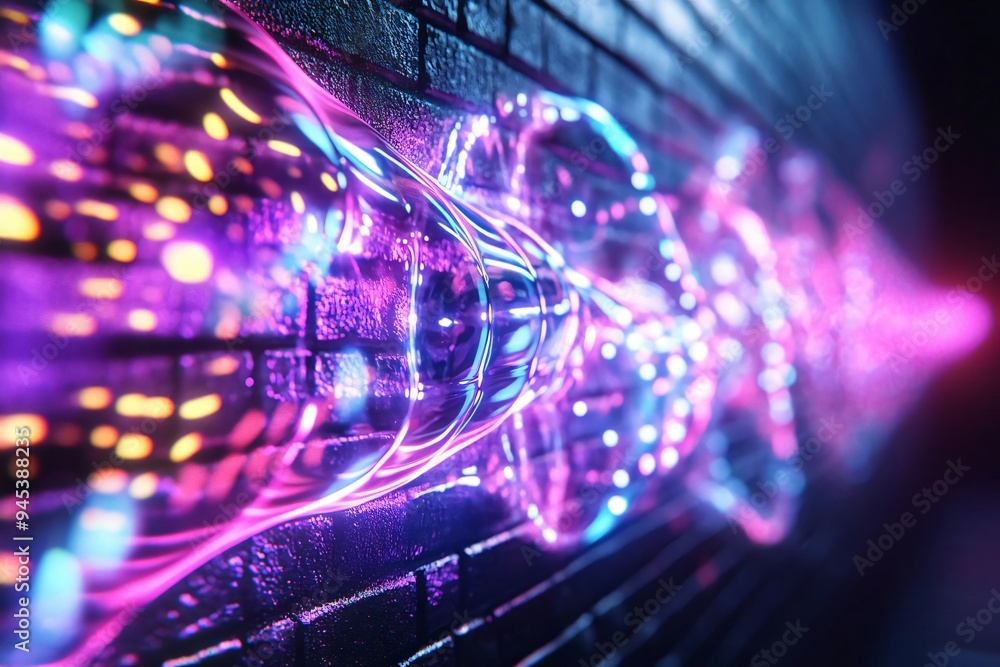 Poster a vibrant display of neon lights flowing along a textured wall, creating a captivating visual of col