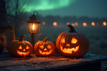Halloween pumpkins with a blurred background of the aurora borealis