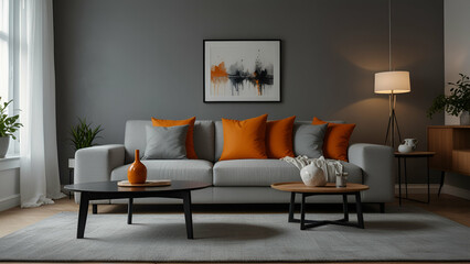 Minimalistic indoors living room interior design in white and orange colors
