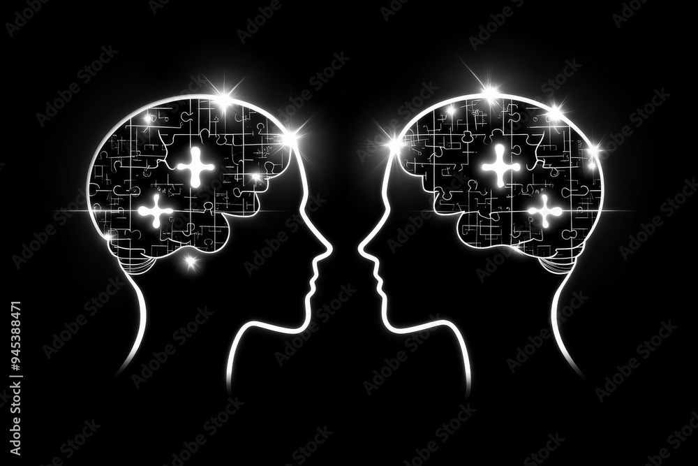 Poster two abstract human heads with glowing circuits symbolize the electrifying exchange of ideas and the 