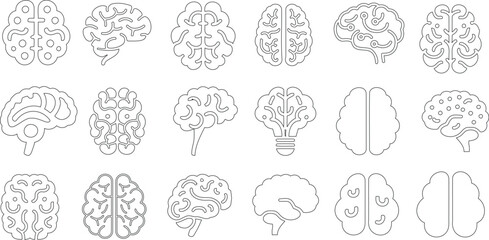 Brain icon line art vector set, human brain drawing vector illustration, neuroscience designs, mental health symbols, medical anatomy, creativity, cognitive science