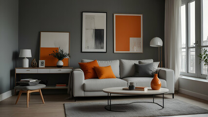 Minimalistic indoors living room interior design in white and orange colors