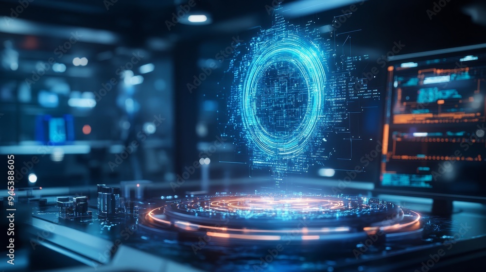 Poster futuristic technology concept with hologram interface and data network