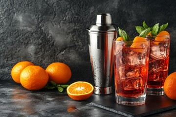 A refreshing Aperol spritz cocktail served with fresh orange slices, surrounded by whole oranges...