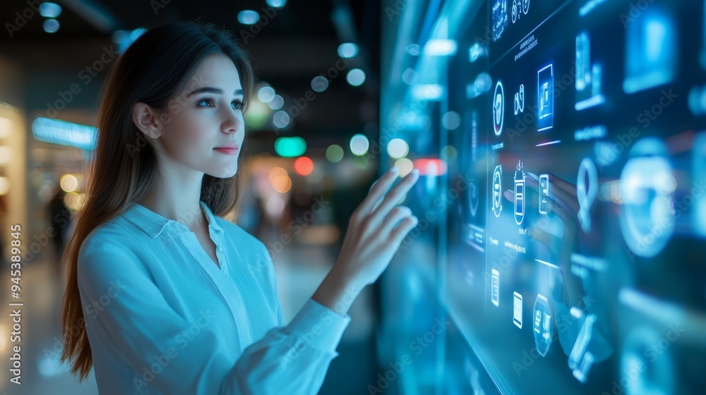 Poster woman using interactive touchscreen interface with digital icons