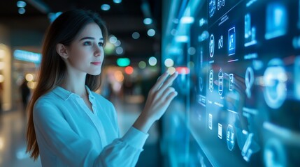 Woman using interactive touchscreen interface with digital icons
