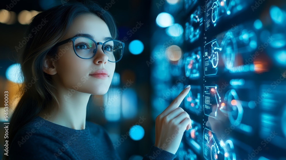 Poster woman using interactive digital display with data visualization