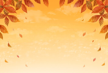 秋　水彩画　素材　枠　葉っぱ　枯れ葉　落ち葉　紅葉　散る　舞う　行楽　田舎　ハイキング　キャンプ　山登り　秋祭り　文化祭　お彼岸　キャンペーン　夕日　夕陽　シンプル　見出し　表紙　ポストカード　ポスター